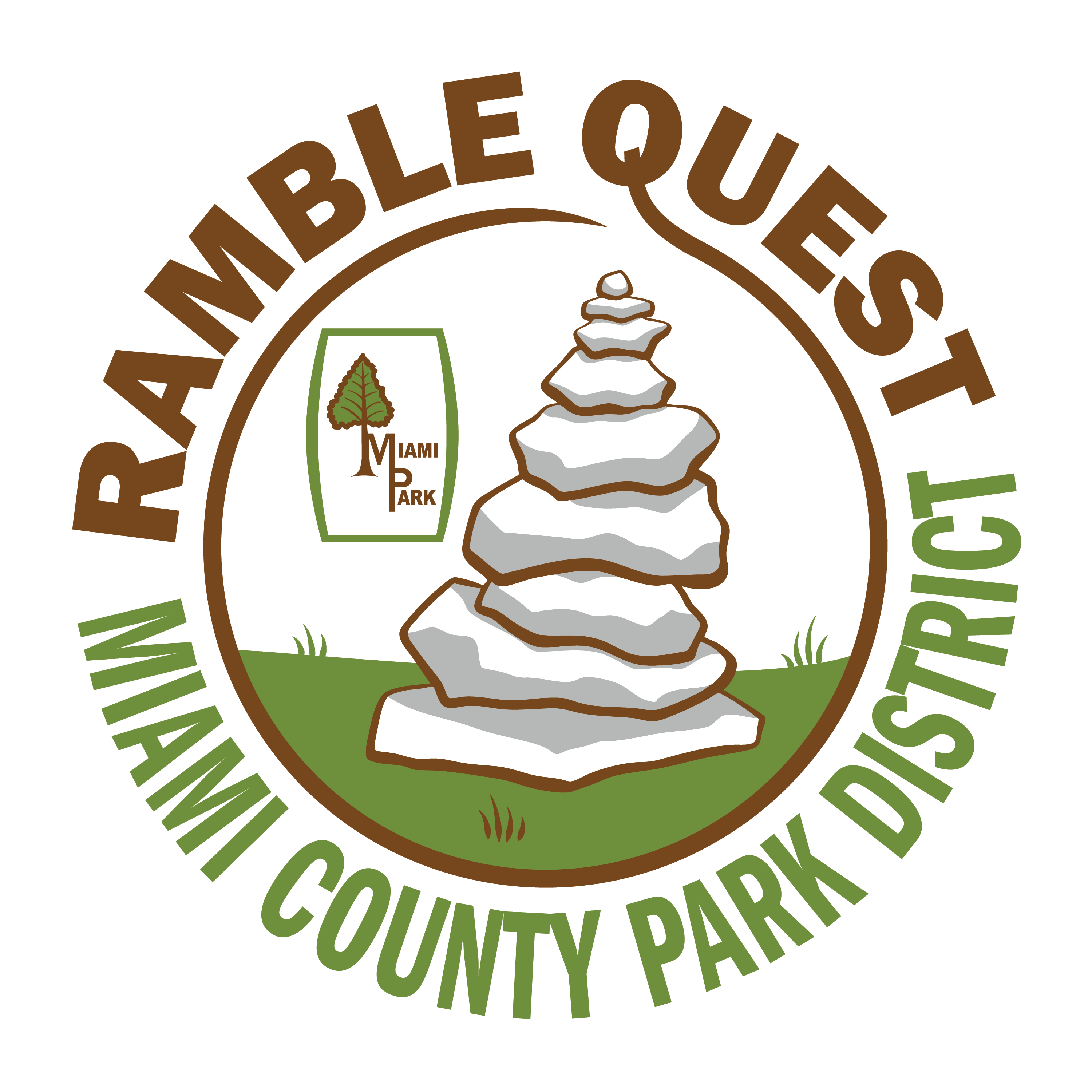 Ramble Quest logo with rock Carin, park logo and the words.